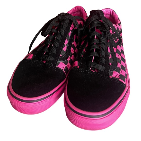 Vans Old Skool Checkerboard Pink Black Canvas Suede Low Top Skate Shoes - Picture 2 of 8